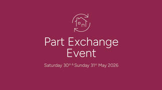 A minimalist graphic with a house icon and circular arrows in the foreground, set against a solid burgundy background with event details.