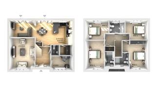 A 3D floor plan displays a furnished ground floor with a lounge, kitchen, dining area, and study in the foreground, and a furnished first floor with four bedrooms and bathrooms in the background.