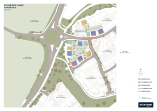 A colorful aerial map displays a residential development with various colored blocks representing different bedroom counts in the foreground, surrounded by roads, green spaces, and existing and future housing in the background.