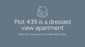 A line drawing of a house sits above text advertising a "dressed view apartment" on a muted blue background.