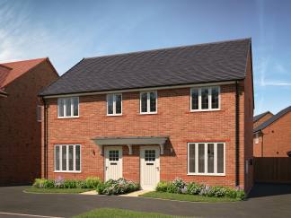A pair of modern brick semi-detached houses with manicured flower beds in the foreground stand against a clear blue sky with wispy clouds.