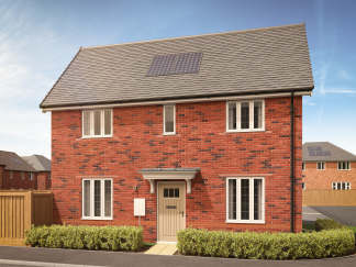A modern red brick house with solar panels on the roof stands in the foreground, while other similar houses and a clear blue sky are visible in the background.
