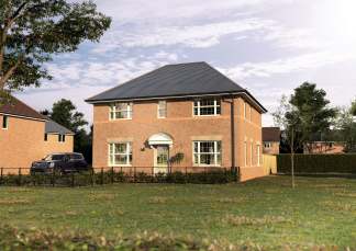 A brick house with a dark roof and white-trimmed windows stands in the foreground, surrounded by a green lawn and a black fence, while other houses and trees are visible in the background under a cloudy sky.