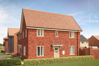 A modern red brick house with a manicured hedge in the foreground stands against a backdrop of similar houses and a clear blue sky.