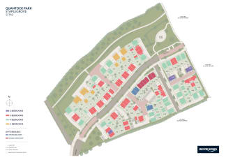 A colorful site plan of Quantock Park, Staplegrove, displays a neighborhood of houses with varying numbers of bedrooms in the foreground, set against a backdrop of green spaces and roads.