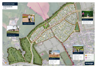 A master plan for a housing development called Quantock Park Staplegrove shows a foreground of residential streets and green spaces, with a background of existing infrastructure, golf courses, and surrounding countryside.