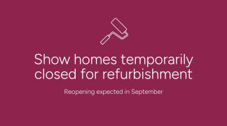 A white paint roller icon and text announcing "Show homes temporarily closed for refurbishment" are centered on a deep pink background.