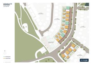 A bird's-eye view map displays a residential development with colorful houses in the foreground and green parkland with a playground in the background.