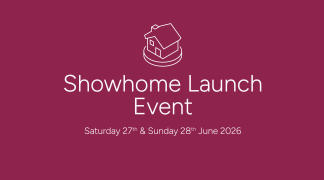 A minimalist graphic with a house icon and text announcing a "Showhome Launch Event" on June 27th and 28th, 2026, is set against a solid burgundy background.