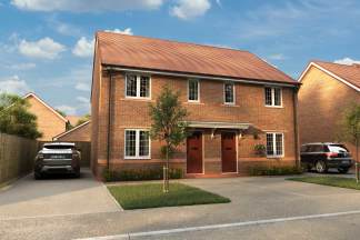 A modern brick semi-detached house with two cars parked in the driveway sits under a cloudy sky.