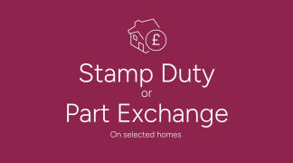 A house icon with a pound symbol is centered above the text "Stamp Duty or Part Exchange" on a deep pink background.