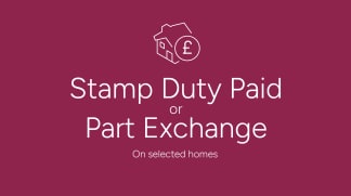 A house icon with a pound sign is centered above the text "Stamp Duty Paid or Part Exchange" on a deep pink background.