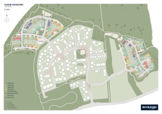 A detailed site plan of a housing development called "Thame Meadows" shows a cluster of houses with varying colors and sizes in the foreground, surrounded by green spaces and roads, with a larger expanse of green land in the background.