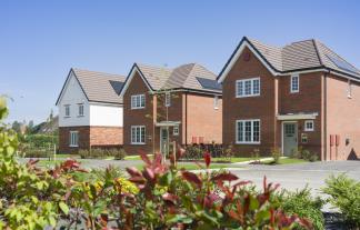 Lush green foliage in the foreground frames a row of modern brick houses with tiled roofs under a clear blue sky.