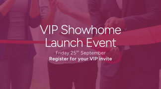 A red ribbon is being cut in the foreground, with text announcing a VIP Showhome Launch Event in the background.
