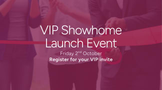 A red ribbon is being cut in the foreground, with text announcing a VIP Showhome Launch Event in the background.