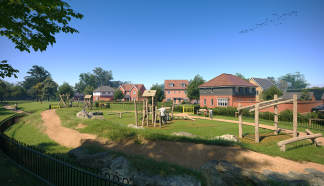 A children's playground with wooden climbing structures and swings is situated in a grassy park with houses in the background.
