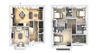 A two-story floor plan displays a living area, kitchen, and dining space on the first floor, with three bedrooms and a dressing area on the second floor.