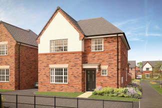A modern brick house with a white gabled facade stands behind a black metal fence and a landscaped garden, with other similar houses and a street visible in the background under a clear blue sky.