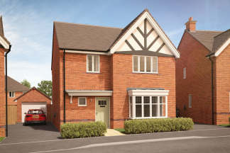 A red brick house with a light green door and bay window sits in the foreground, while a detached garage with a red car is visible in the background.