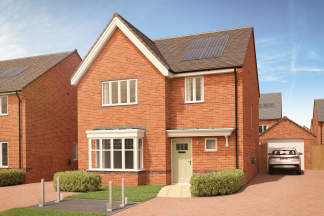 A modern brick house with solar panels on the roof sits in the foreground, while a driveway with a car and a garage are visible in the background.