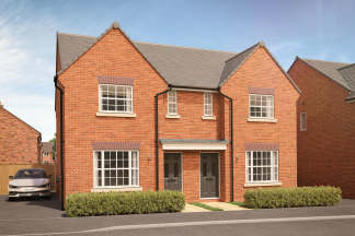 A modern brick semi-detached house with manicured hedges in the foreground sits against a clear blue sky with other houses visible in the background.