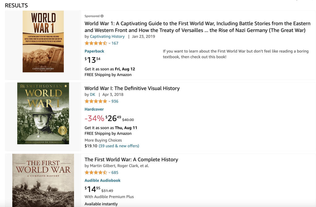 Amazon results for KDP keywords for historical fiction