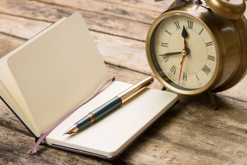 clock and blank notebook, how long should i write each day 