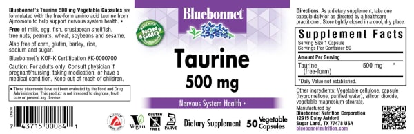 Bluebonnet’s Taurine 500 mg 50 Vegetable Capsules