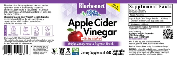Bluebonnet’s Apple Cider Vinegar 60 Vegetable Capsules are carefully crafted from cold-pressed juice of organic apples, which has been fermented and standardized for acetic acid.