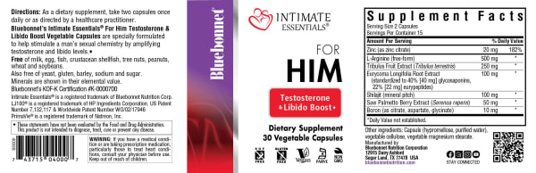Bluebonnet’s Intimate Essentials® For Him Testosterone & Libido Boost 30 Vegetable Capsules are specially formulated to help stimulate a man’s sexual chemistry by amplifying testosterone and libido levels. ♦