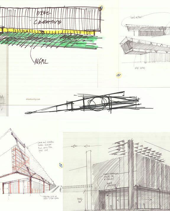 Sketches of the LeBron James Innovation Center by architect Tom Kundig