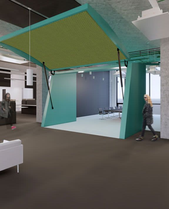 A rendering of a conference room shaped like the hood of a 1960s car