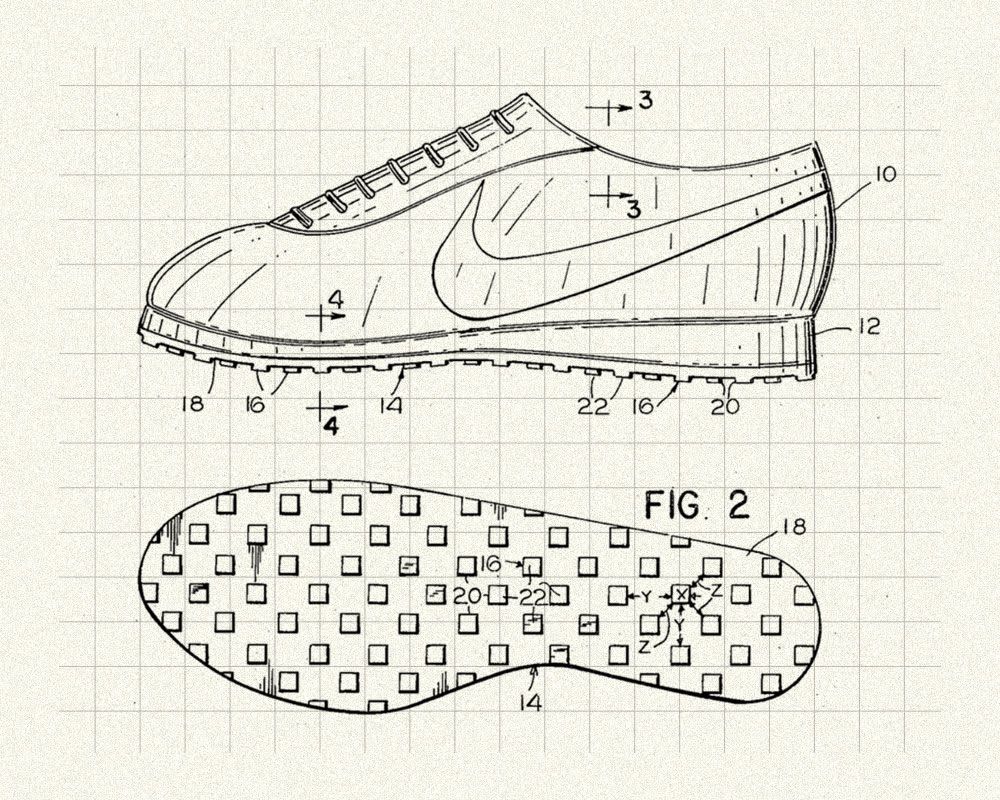 Sketches of a shoe from different angles showing the Nike Swoosh and waffle sole