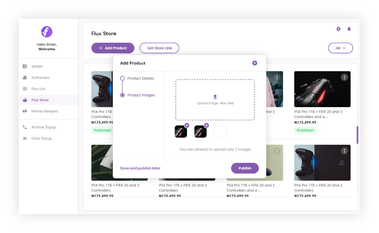uploading product images on flux store dashboard