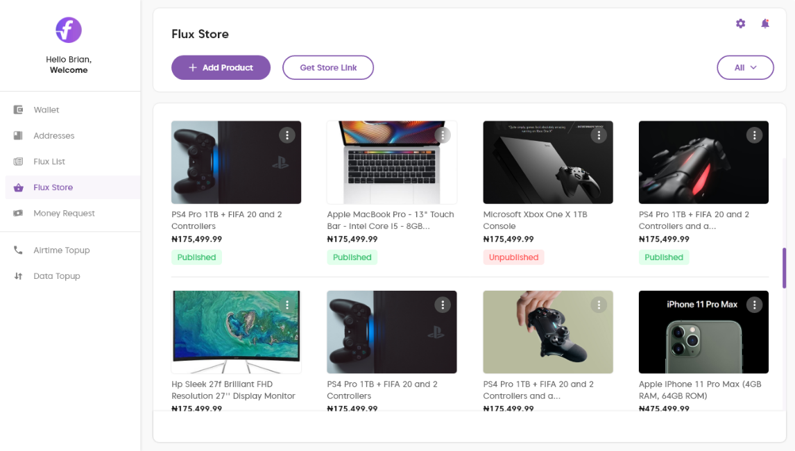 a page showing the list of products on flux store dashboard