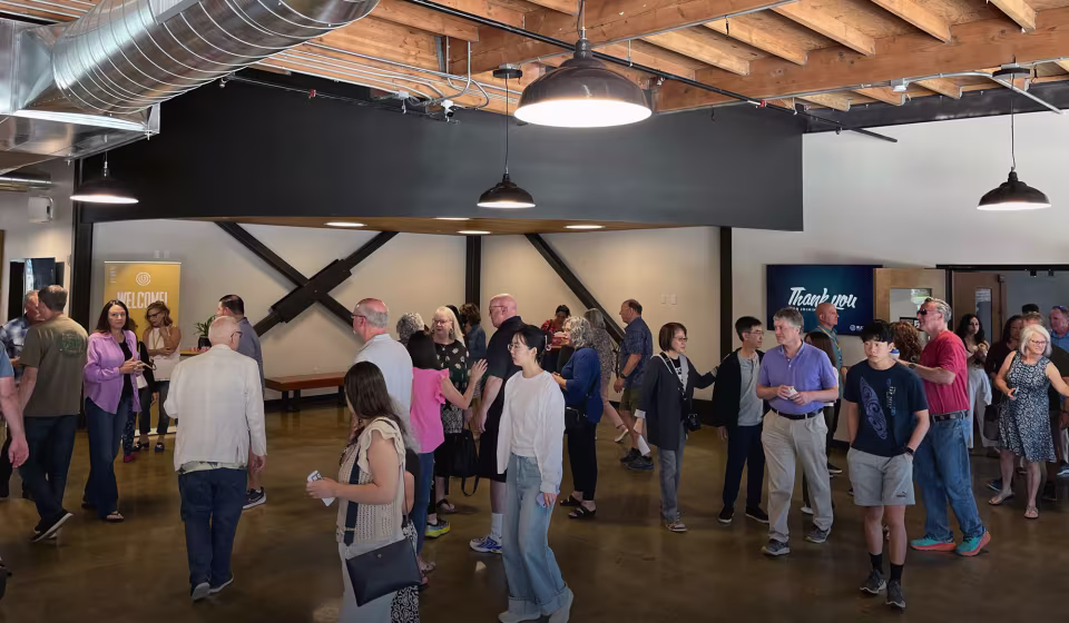 People mingling in the lobby of Blue Oaks Church in Pleasanton, CA