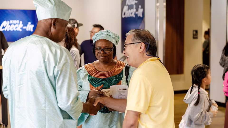 People of different backgrounds and ethnicities meeting each other in the lobby of Blue Oaks Church in Pleasanton, CA People of different backgrounds and ethnicities meeting each other in the lobby of Blue Oaks Church in Pleasanton, CA