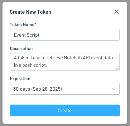Dialog for creating new personal access tokens in Notehub