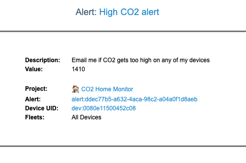 A CO2 alert email from Notehub