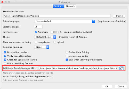 Location of the Additional Board Manager URLs in Arduino IDE