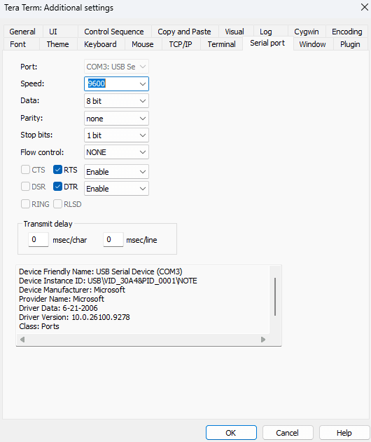 Tera Term Serial port setup dialog showing the speed, data, parity, stop bits, and flow control settings