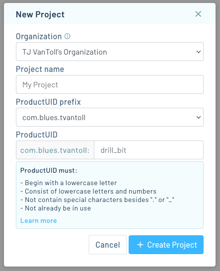 The dialog for creating a project in Notehub