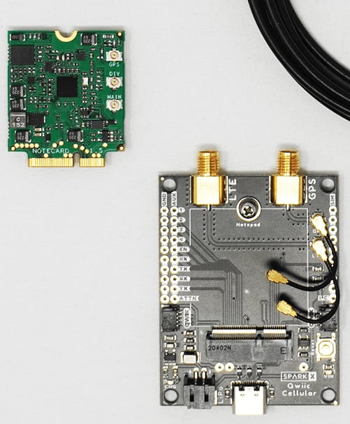 Picture of SparkFun Qwiic Cellular Notecarrier, Notecard, Cellular antenna & GPS antenna
