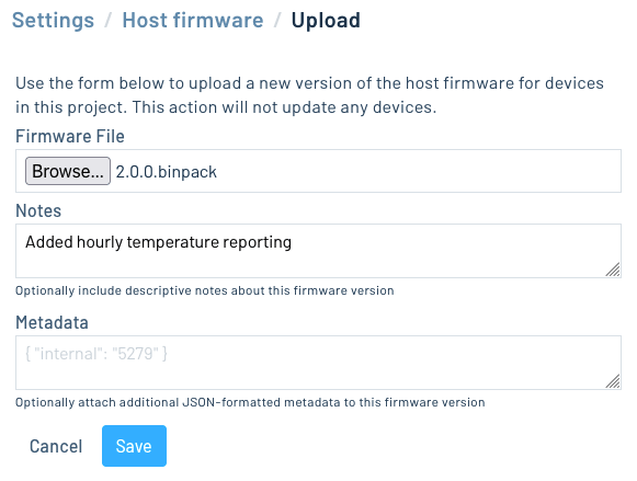 The firmware upload screen with details