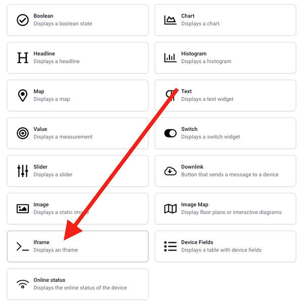 Location of the iframe widget option in Datacake
