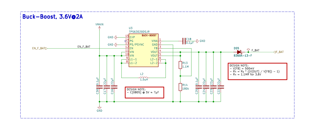 Image of the Notecarrier F schematic showing how to implement the TPS6302x buck boost converter.