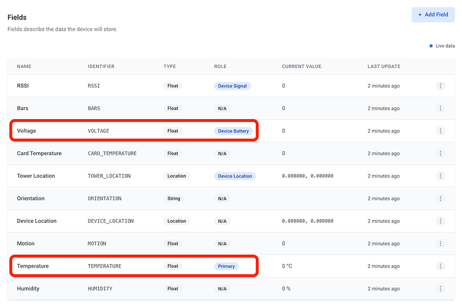 fields in datacake