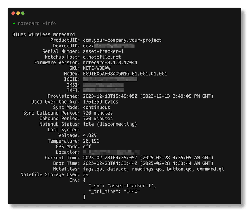 Screenshot of Notecard CLI