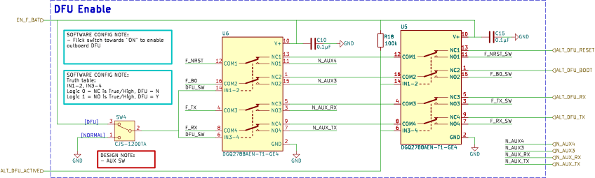 Image showing 'DFU ENABLE' portion of Notecarrier F schematic showing AUX pins being utilized with feather for outboard DFU